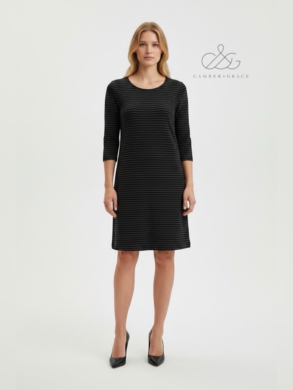 CAMBER & GRACE, Black & White Striped Stretch Dress, Size Medium, Pockets